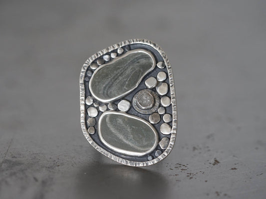 River rock ring, pebble and raw diamond ring, size 8.25