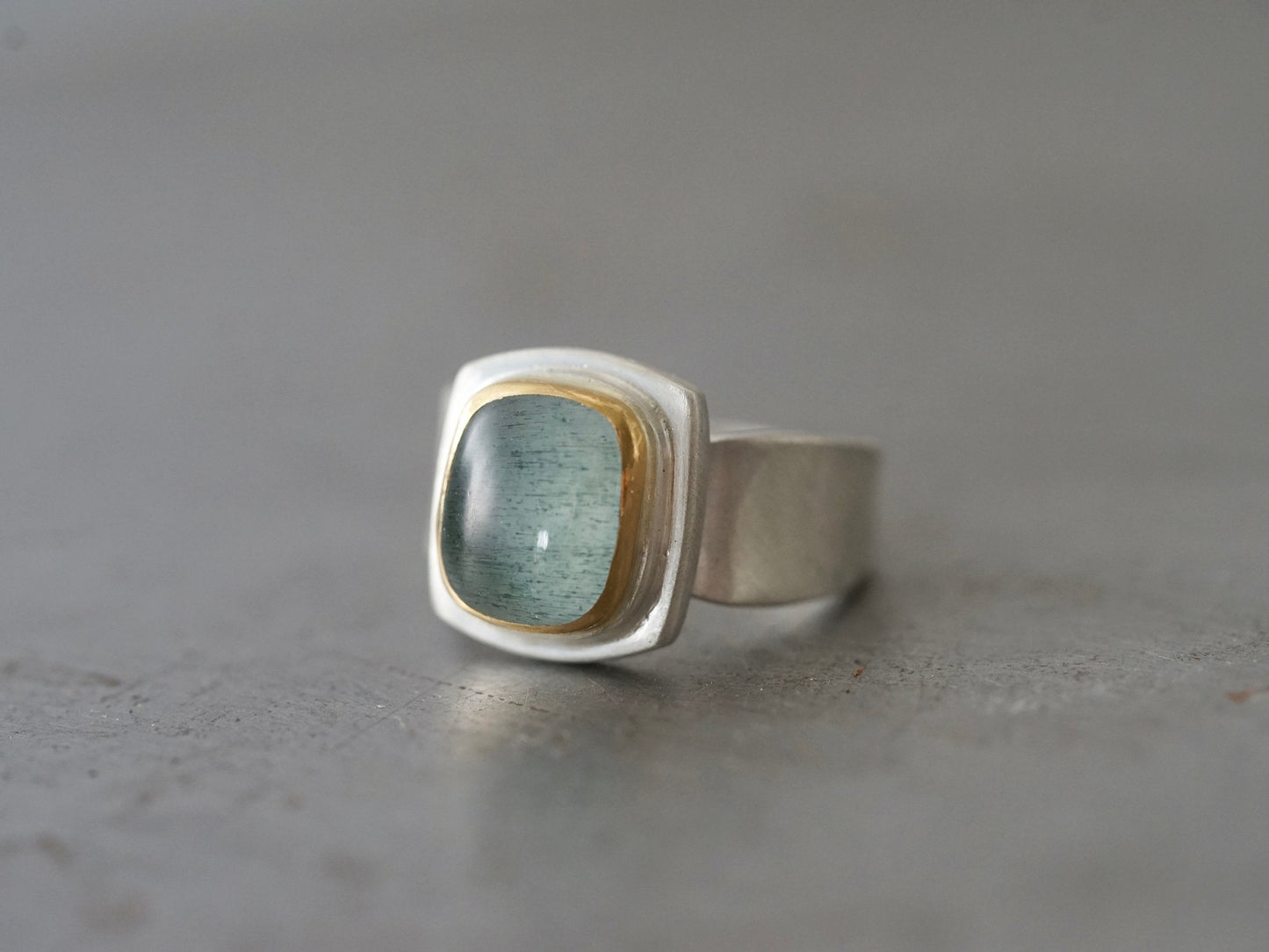 Moss Aquamarine and 22k gold ring, size 7