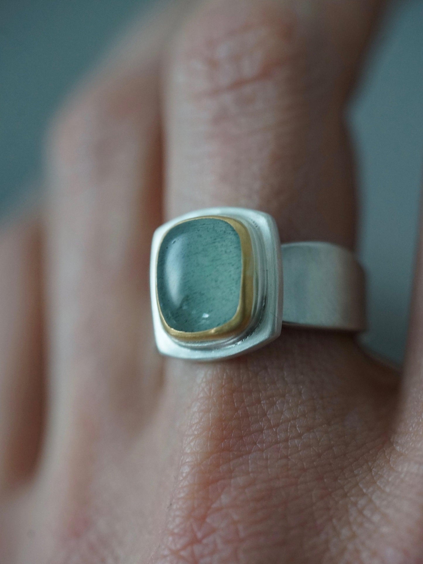Moss Aquamarine and 22k gold ring, size 7