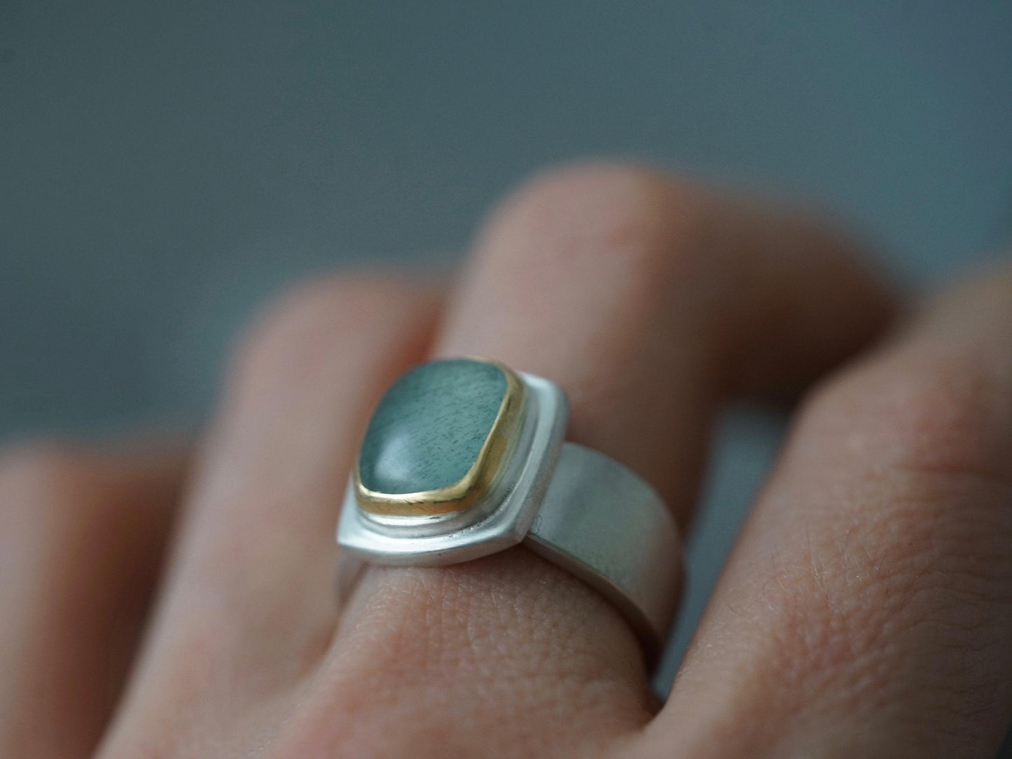 Moss Aquamarine and 22k gold ring, size 7