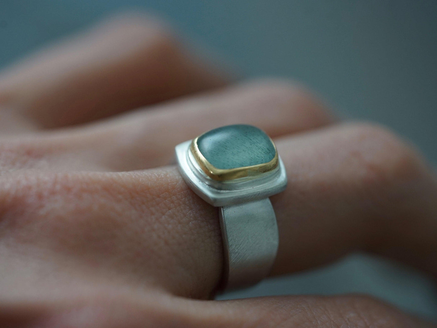 Moss Aquamarine and 22k gold ring, size 7