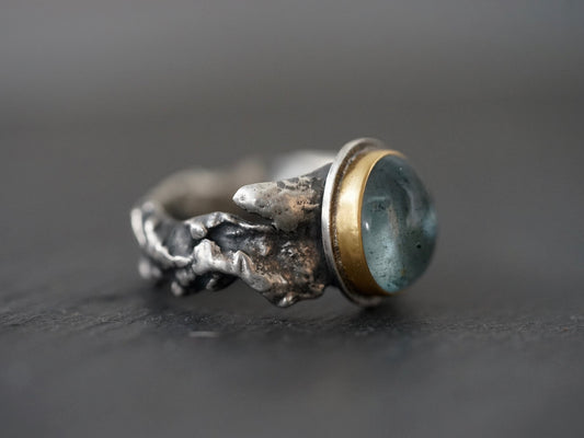 Unique aquamarine and 22k gold statement ring, size 7.75
