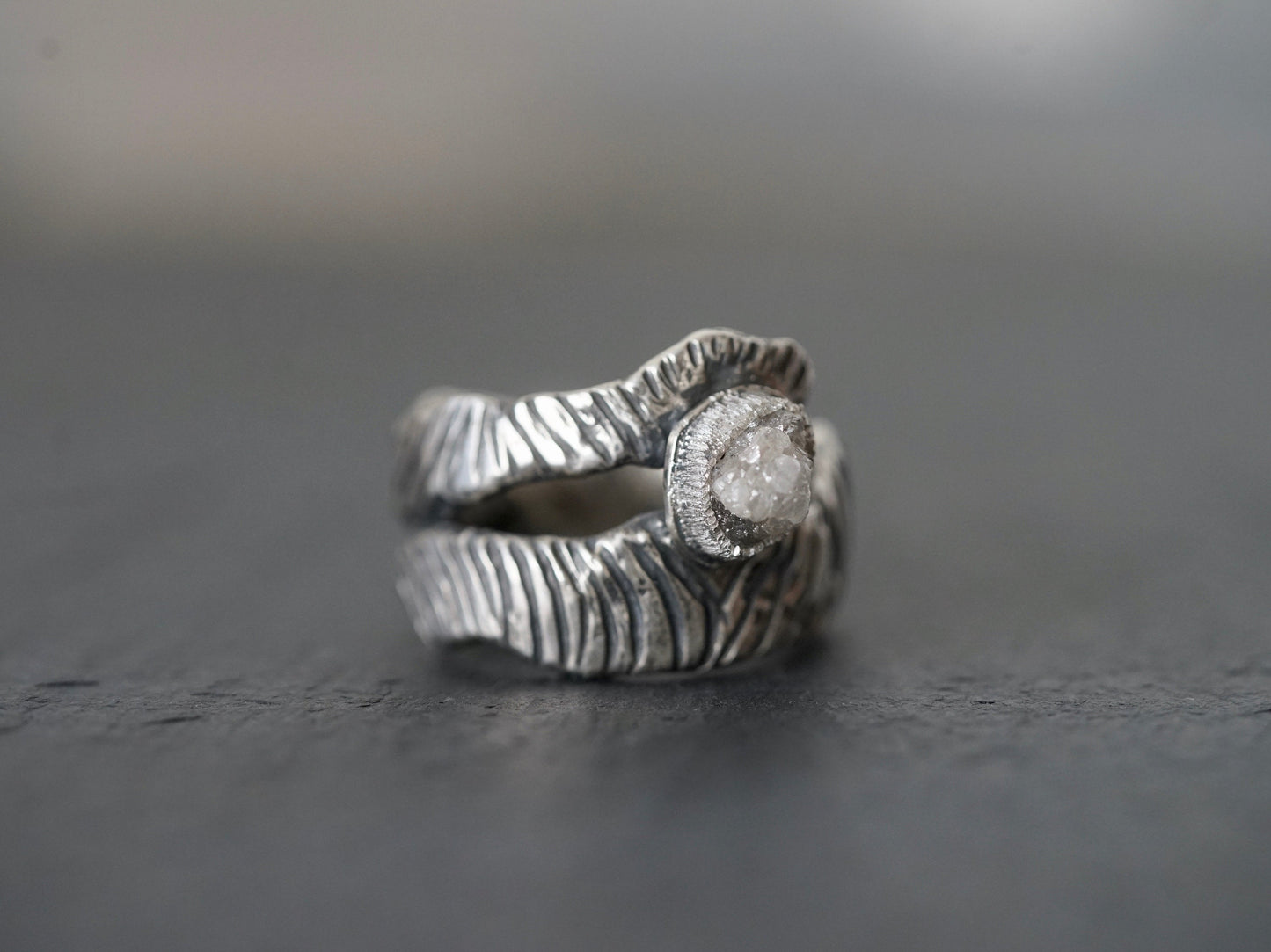 Raw grey diamond solitaire ring, size 8