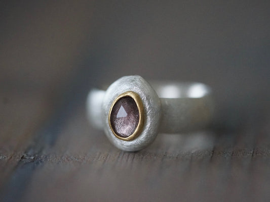 Lavender spinel, sterling silver and 22k gold statement ring, US size 8