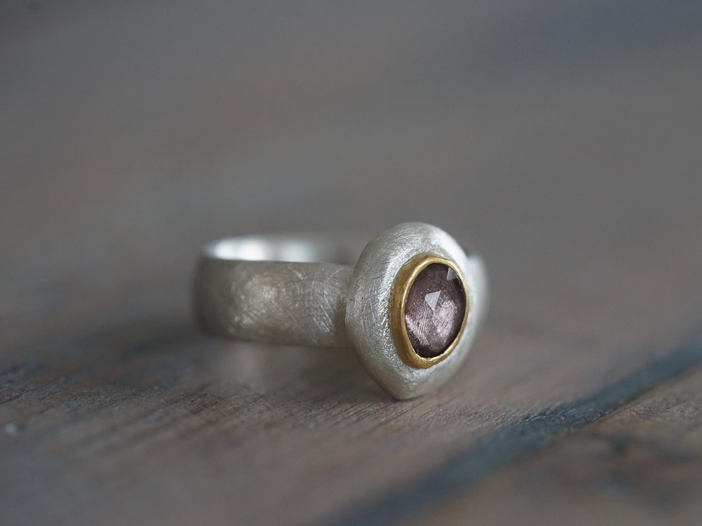 Lavender spinel, sterling silver and 22k gold statement ring, US size 8