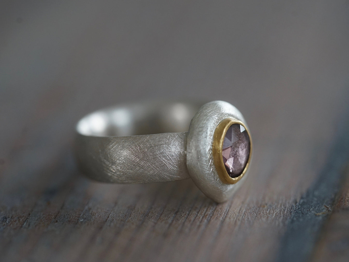 Lavender spinel, sterling silver and 22k gold statement ring, US size 8