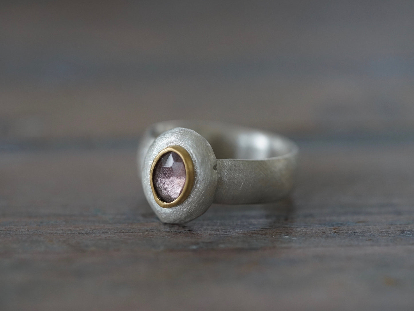 Lavender spinel, sterling silver and 22k gold statement ring, US size 8