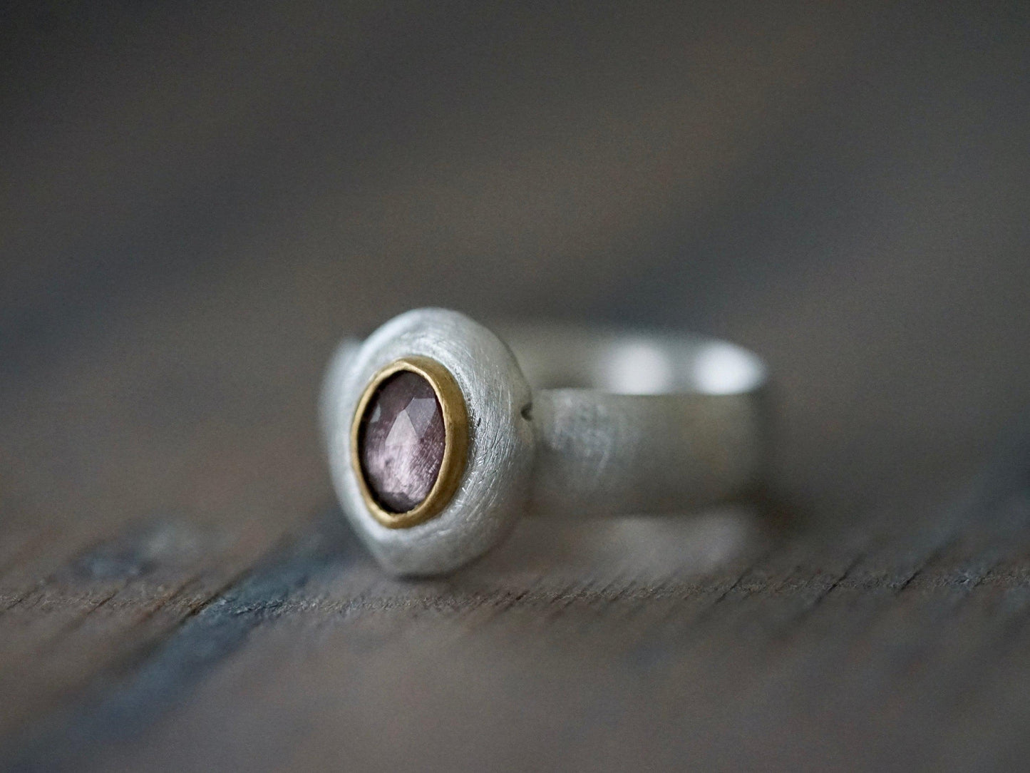 Lavender spinel, sterling silver and 22k gold statement ring, US size 8