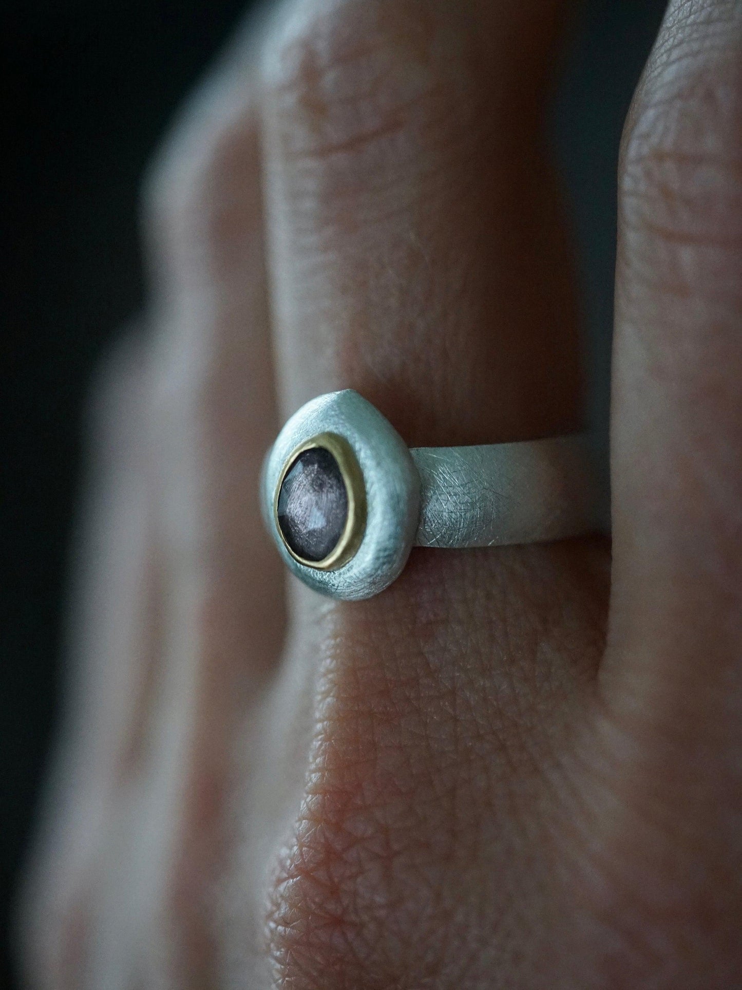 Lavender spinel, sterling silver and 22k gold statement ring, US size 8