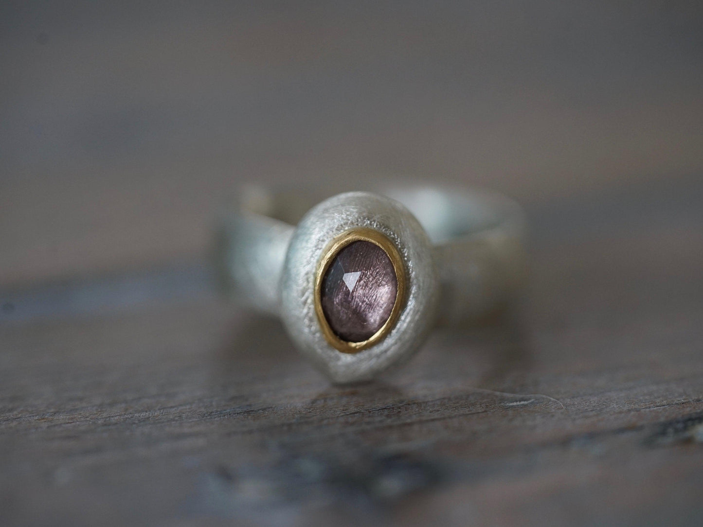 Lavender spinel, sterling silver and 22k gold statement ring, US size 8