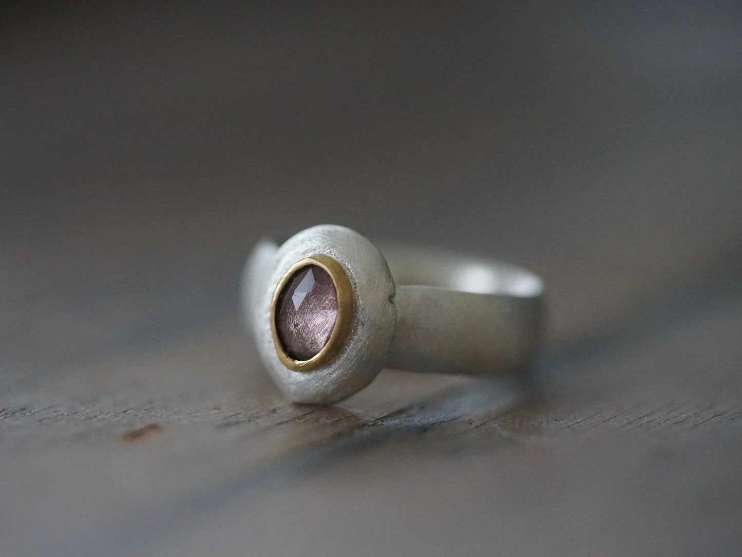 Lavender spinel, sterling silver and 22k gold statement ring, US size 8