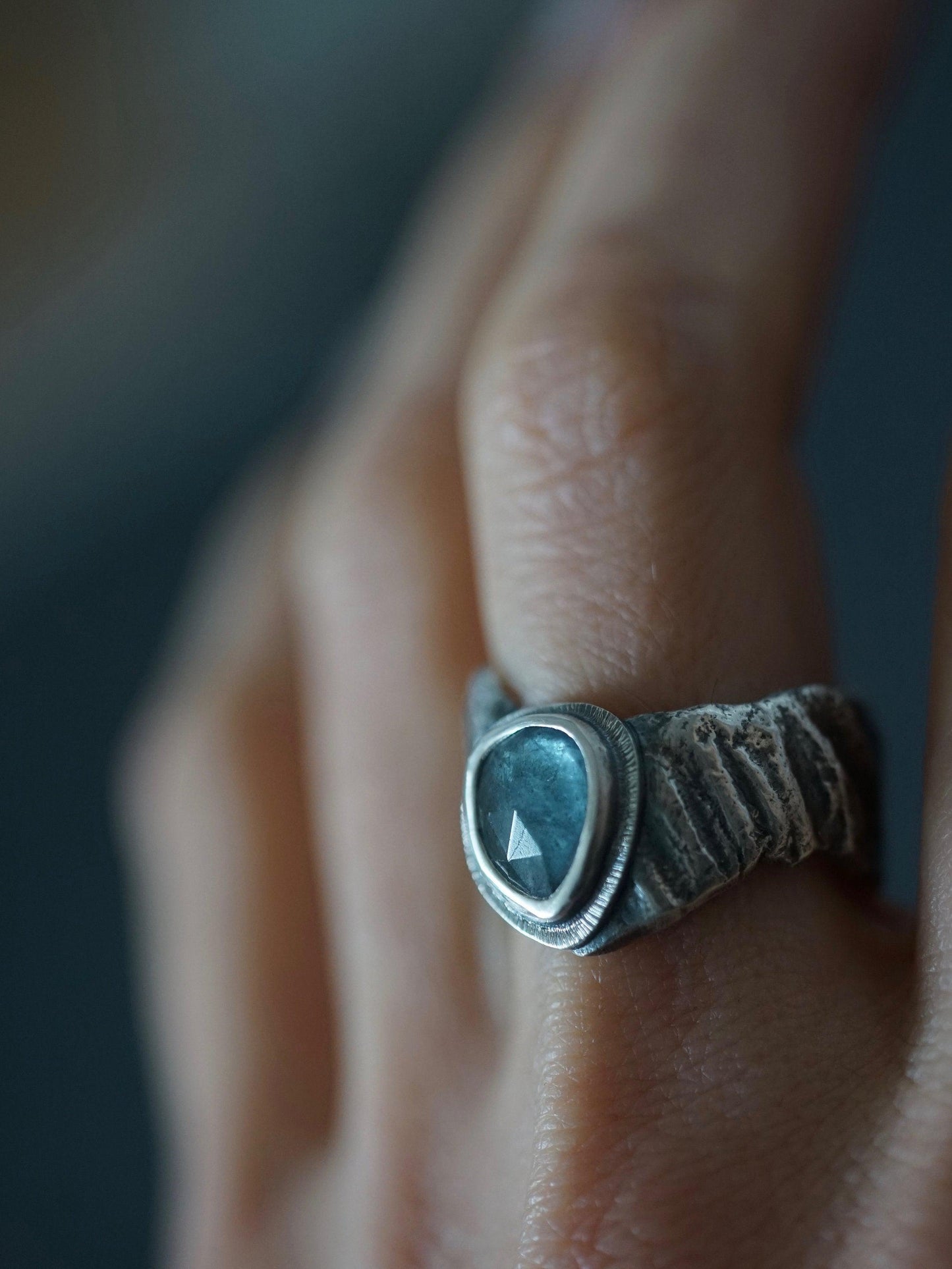 Raw sterling silver and aquamarine statement ring, size 8.5