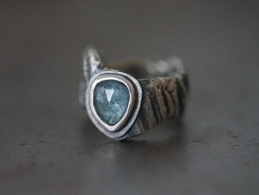 Raw sterling silver and aquamarine statement ring, size 8.5
