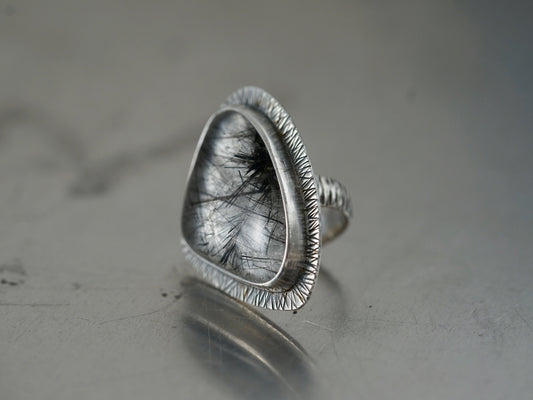 Huge tourmalinated quartz and sterling silver statement ring, size 7.75