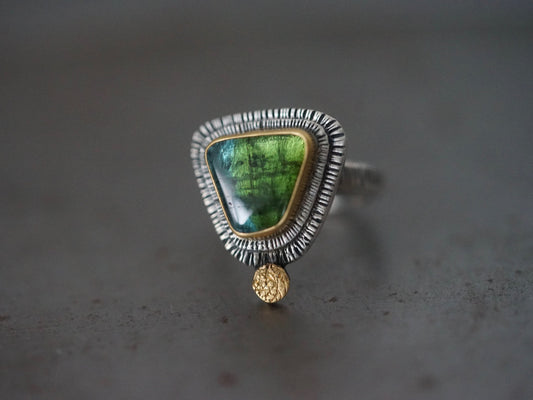 Stunning deep green tourmaline and 22k gold statement ring, size 6.5