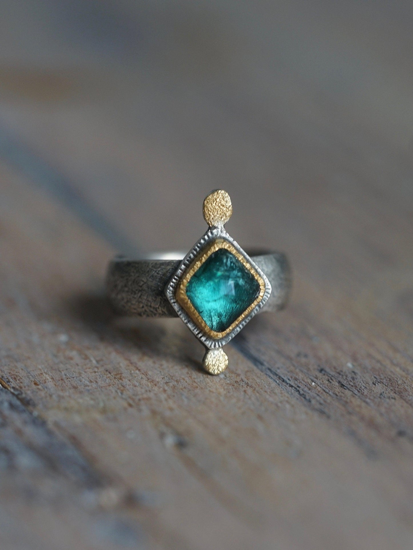 Teal blue, faceted tourmaline and 22k gold statement ring, size 6