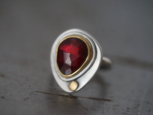 RESERVED for Caroline, deep red rose cut garnet and 22k gold statement ring, handmade jewellery, exquisite ring, size 6.25, organic jewelry