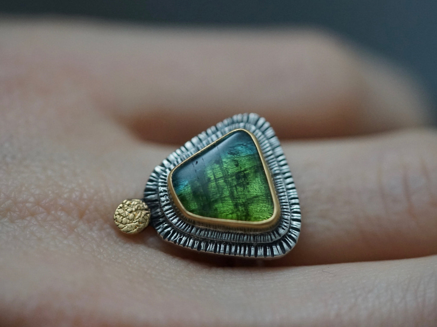Stunning deep green tourmaline and 22k gold statement ring, size 6.5