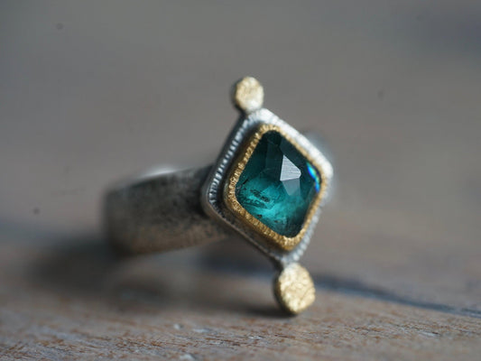 Teal blue, faceted tourmaline and 22k gold statement ring, size 6