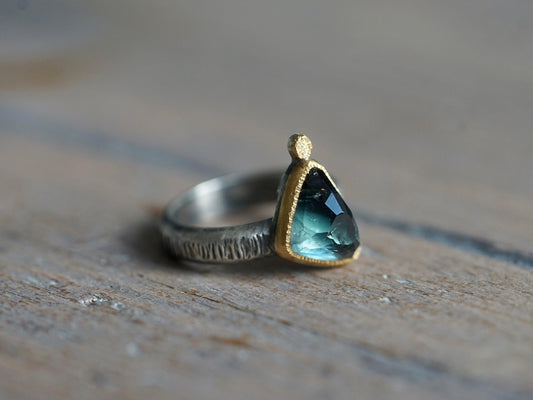 Dark blue tourmaline and 22k gold statement ring, size 6.25