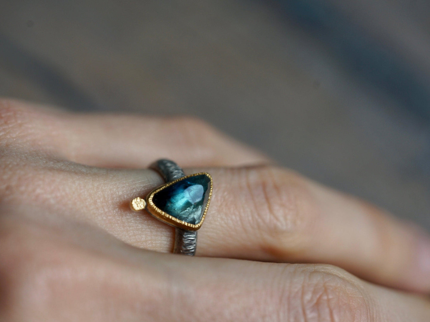 Dark blue tourmaline and 22k gold statement ring, size 6.25