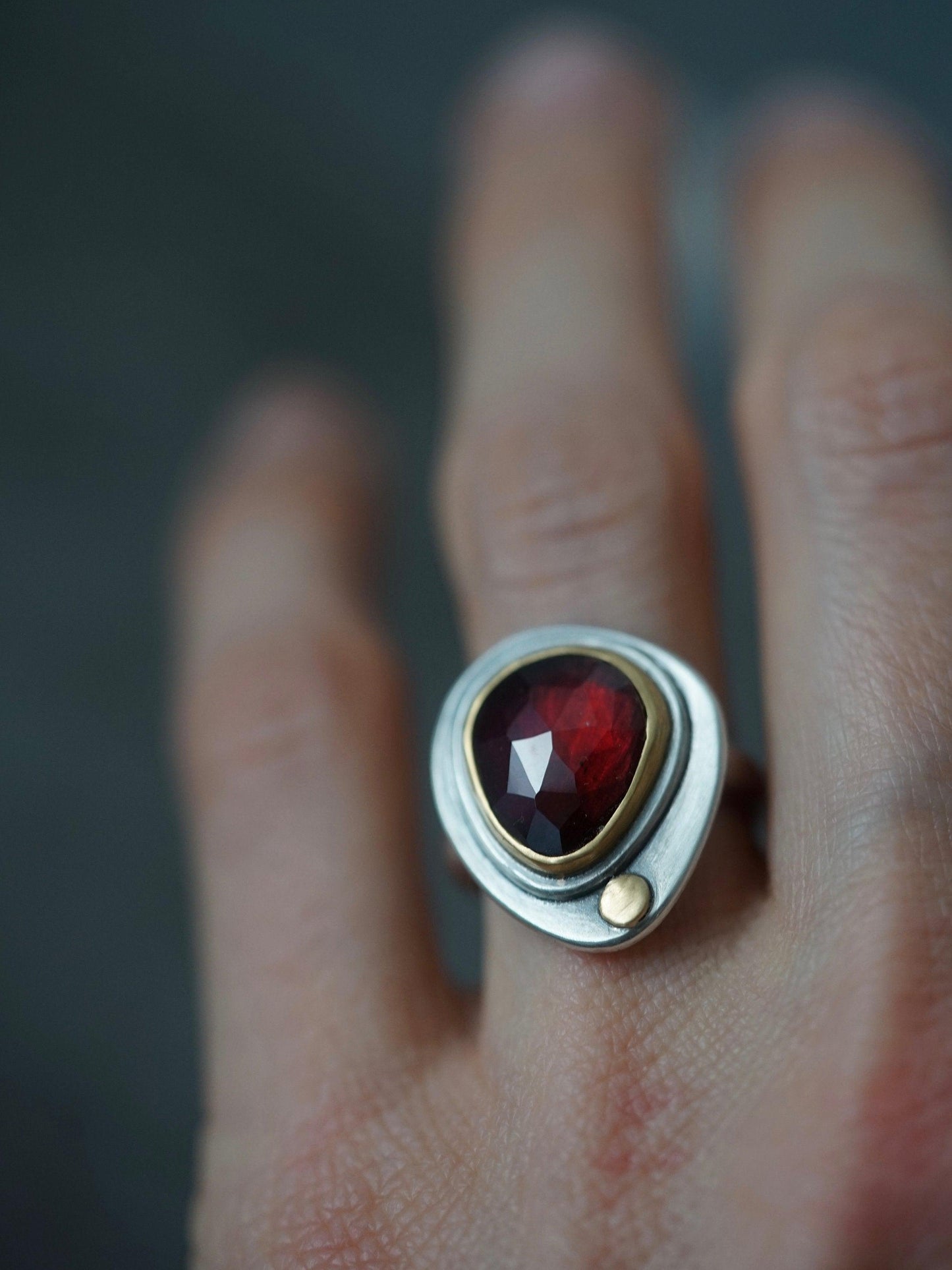 RESERVED for Caroline, deep red rose cut garnet and 22k gold statement ring, handmade jewellery, exquisite ring, size 6.25, organic jewelry