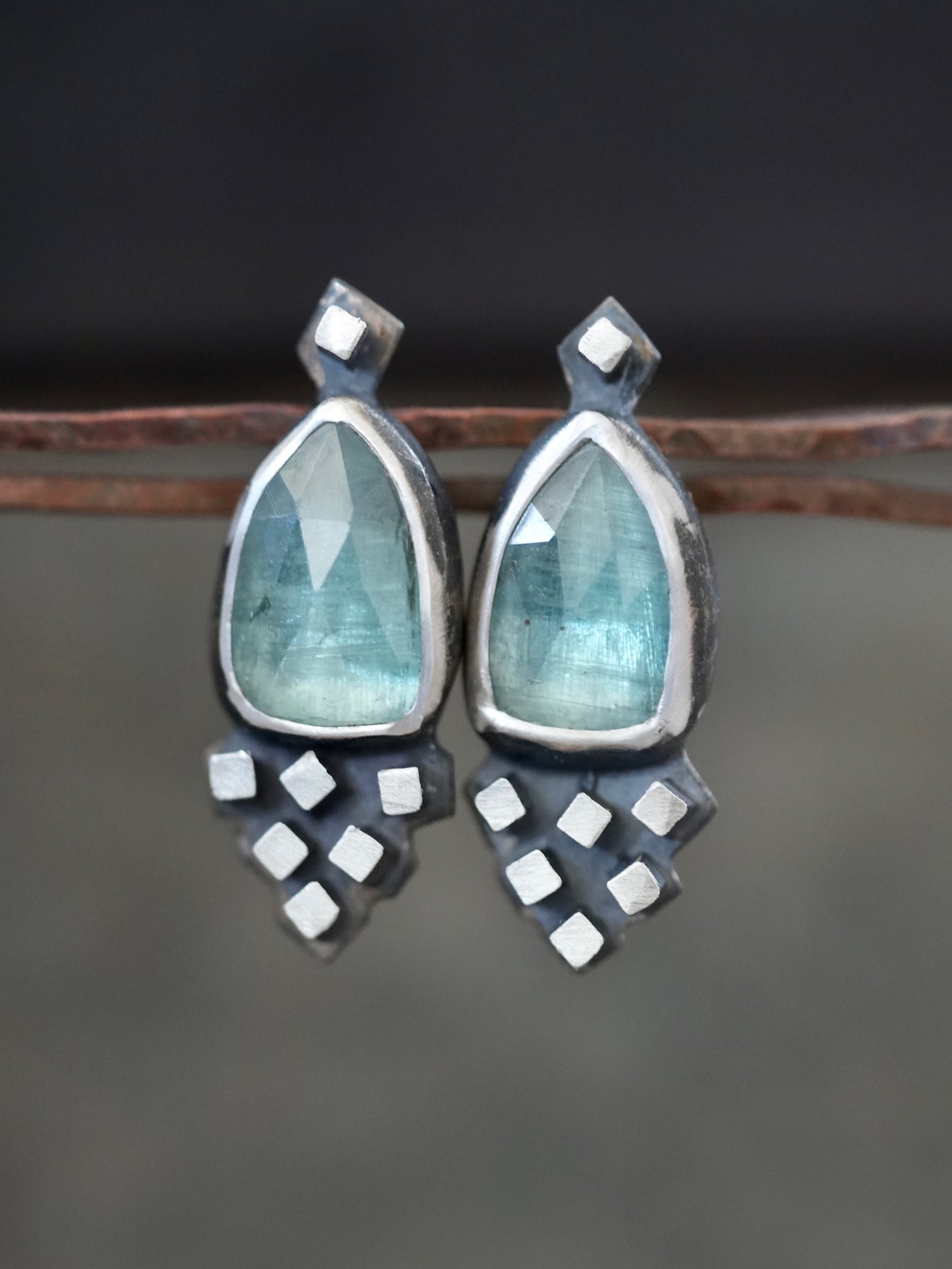 Unique, handmade ornamental blue  kyanite earrings
