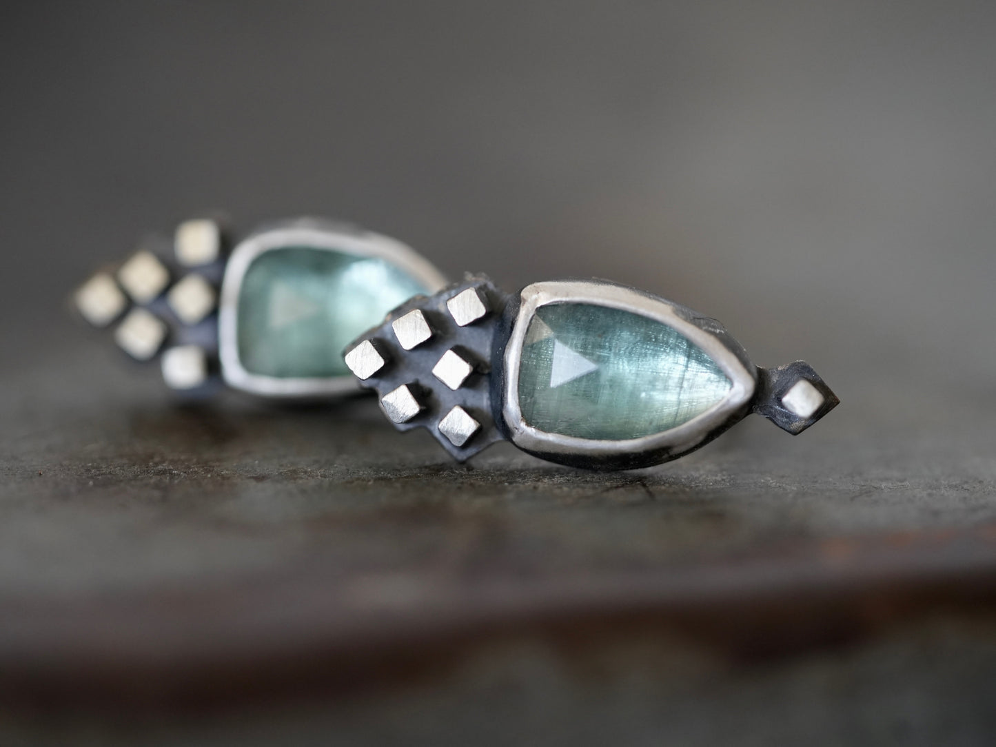 Unique, handmade ornamental blue  kyanite earrings