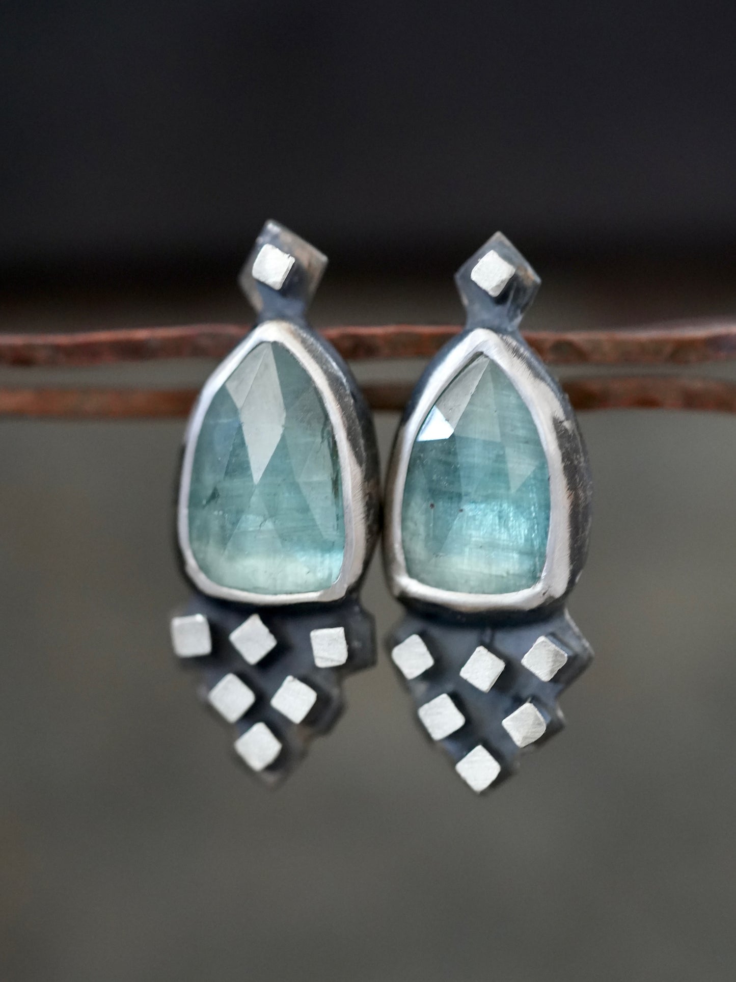 Unique, handmade ornamental blue  kyanite earrings