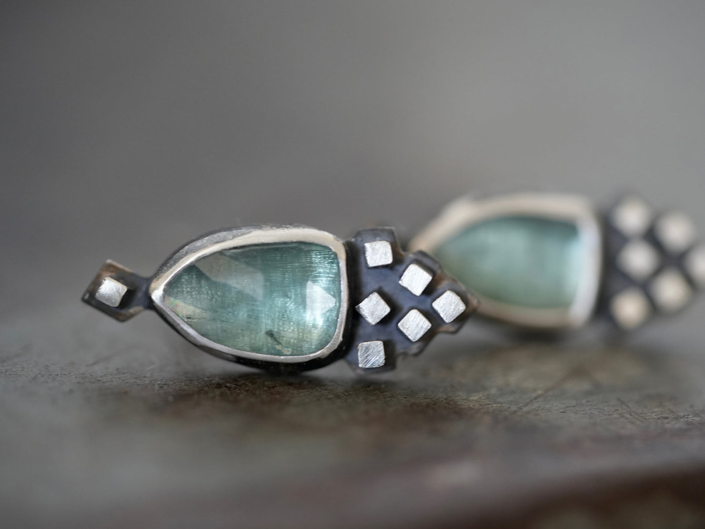 Unique, handmade ornamental blue  kyanite earrings