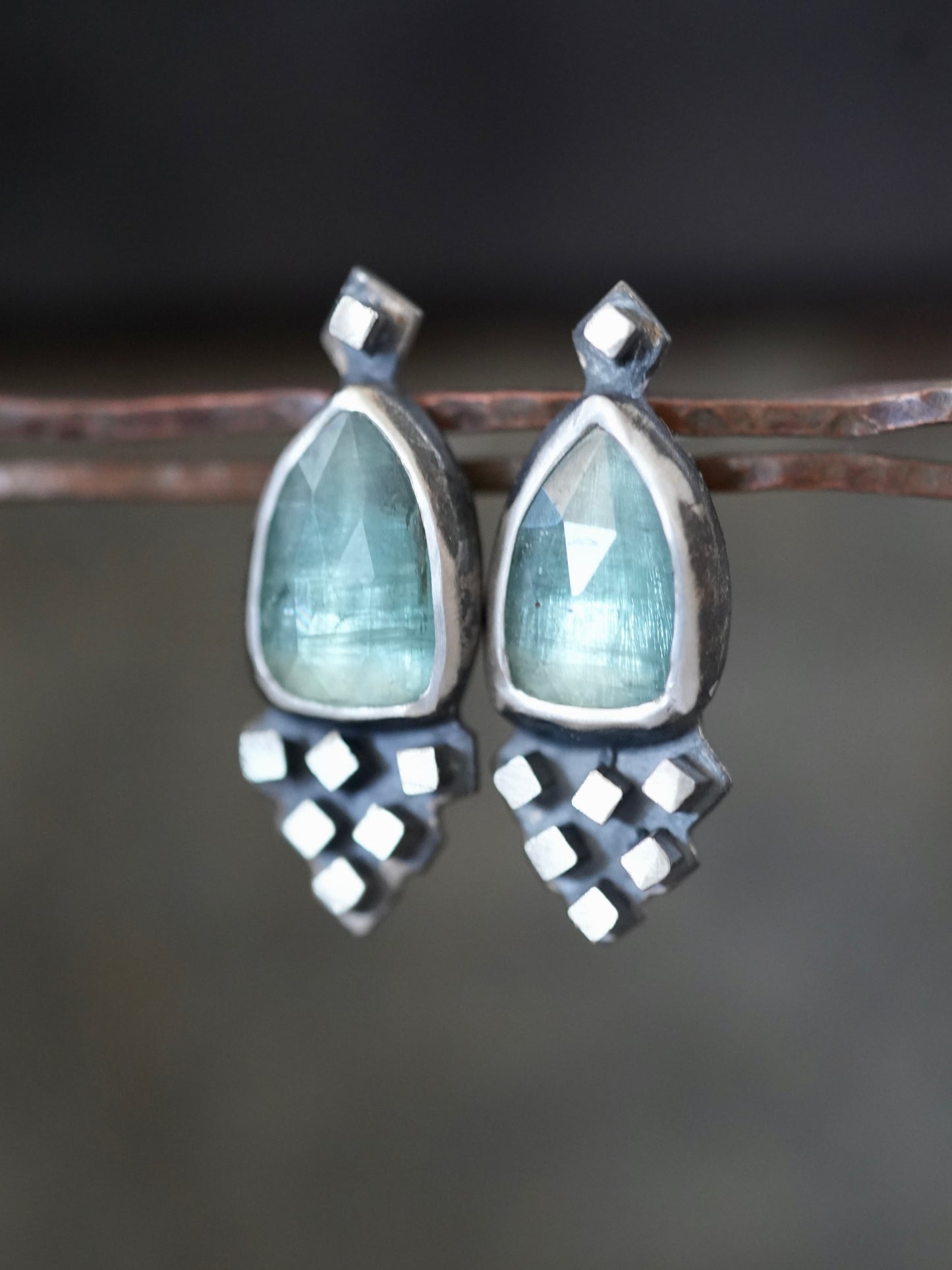 Unique, handmade ornamental blue  kyanite earrings