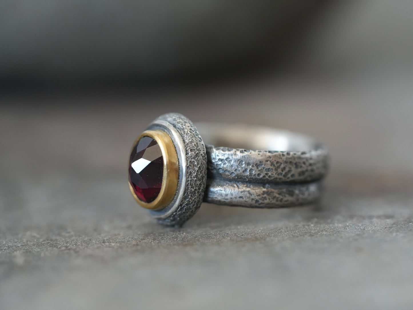 Custom made garnet and 22k gold ring, reserved for G