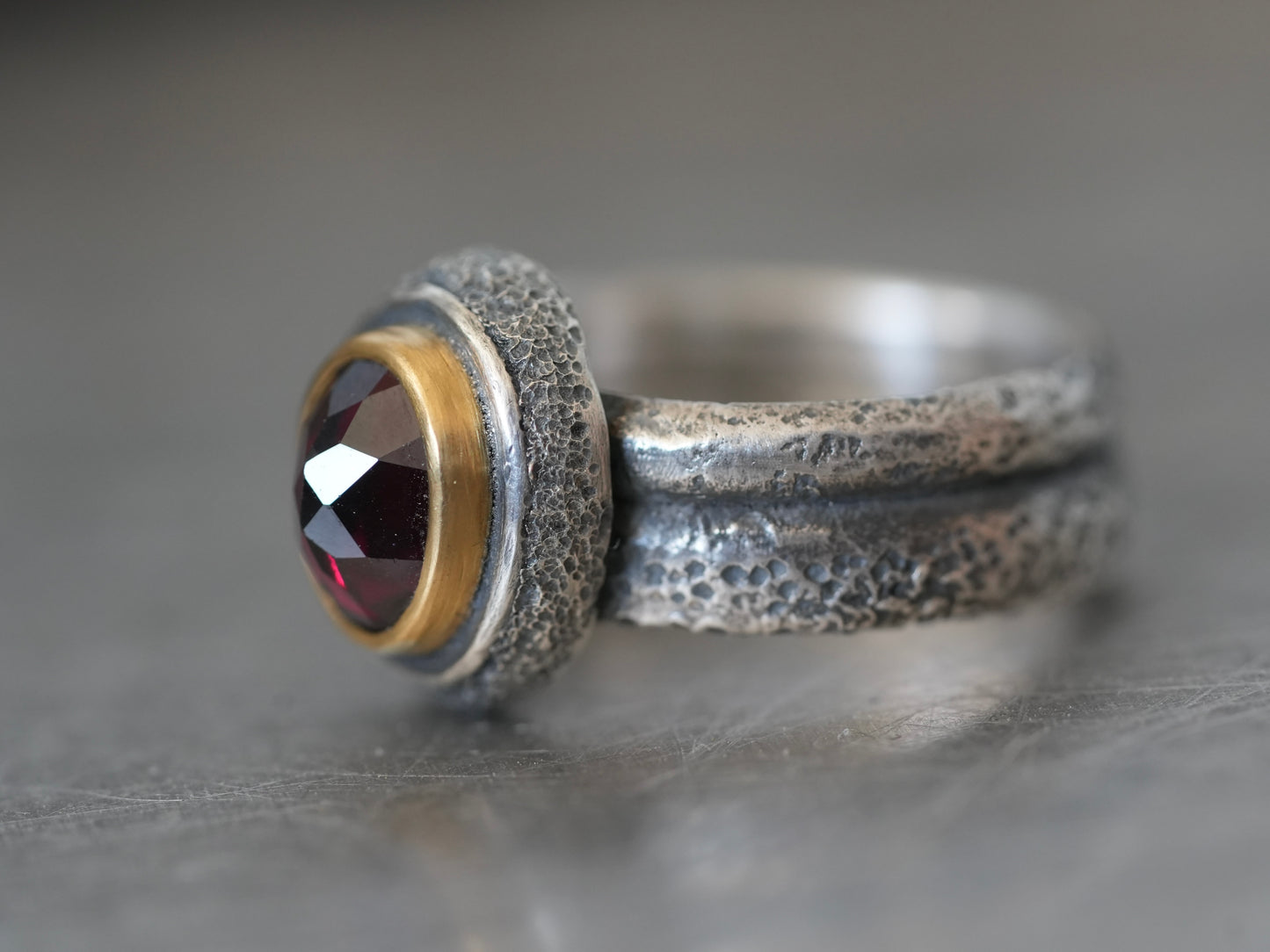 Custom made garnet and 22k gold ring, reserved for G