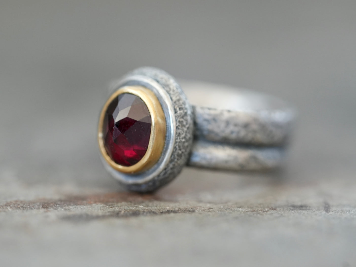 Custom made garnet and 22k gold ring, reserved for G