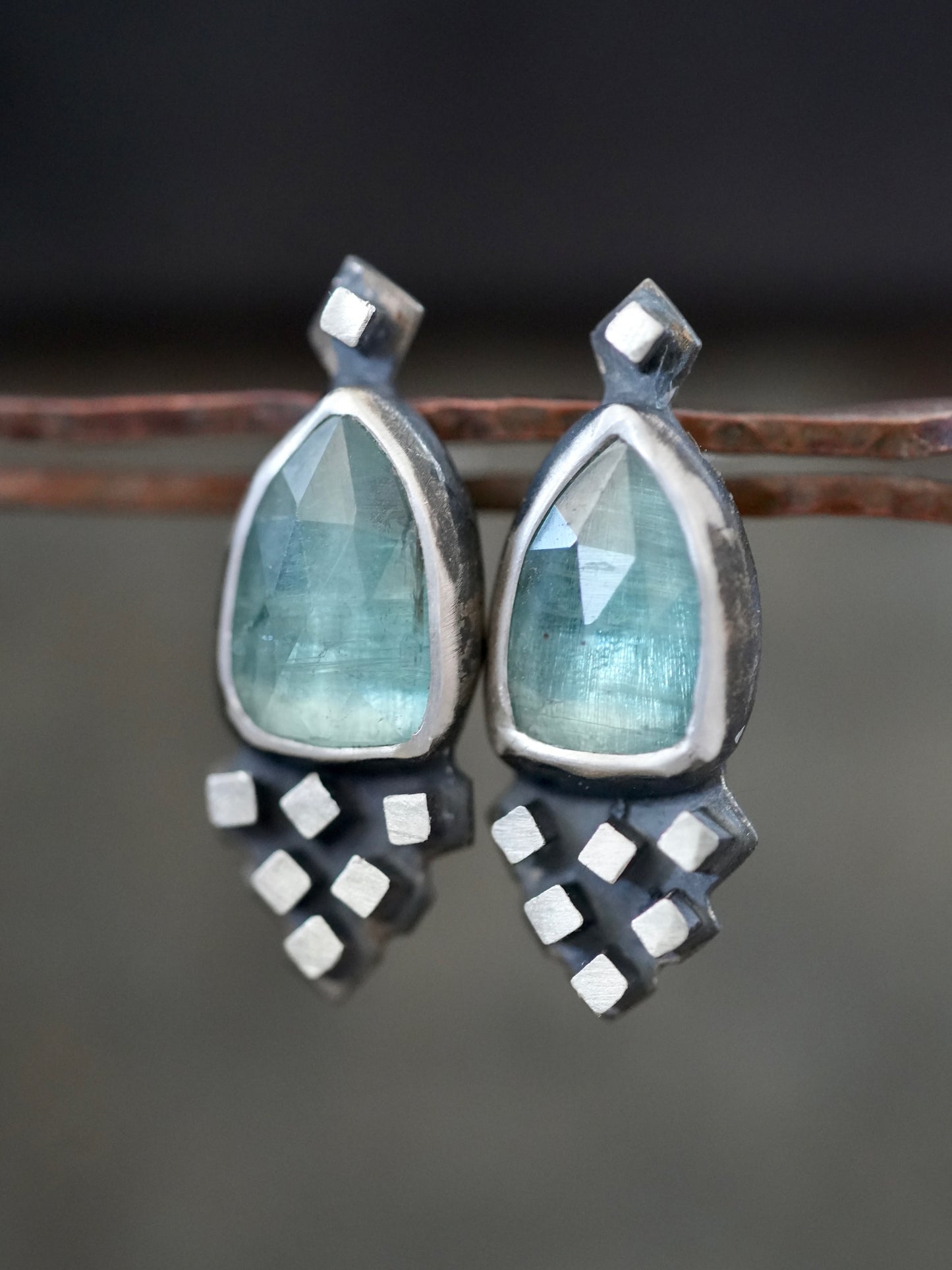 Unique, handmade ornamental blue  kyanite earrings