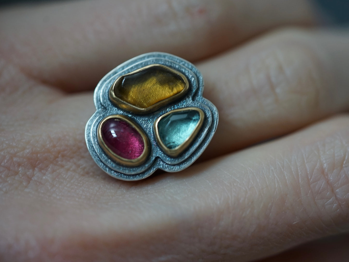 Exquisite, colorful tourmaline statement ring, size 7.25