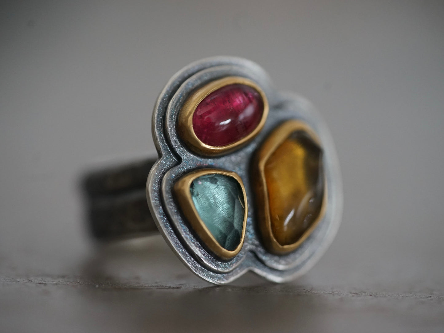 Exquisite, colorful tourmaline statement ring, size 7.25