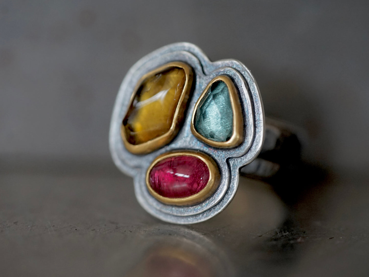 Exquisite, colorful tourmaline statement ring, size 7.25