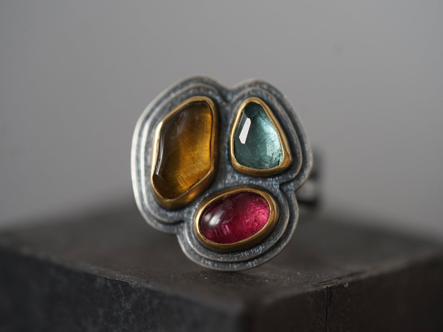 Exquisite, colorful tourmaline statement ring, size 7.25