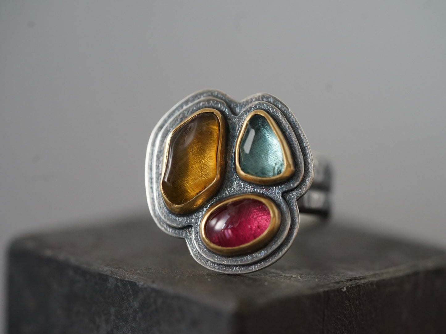 Exquisite, colorful tourmaline statement ring, size 7.25