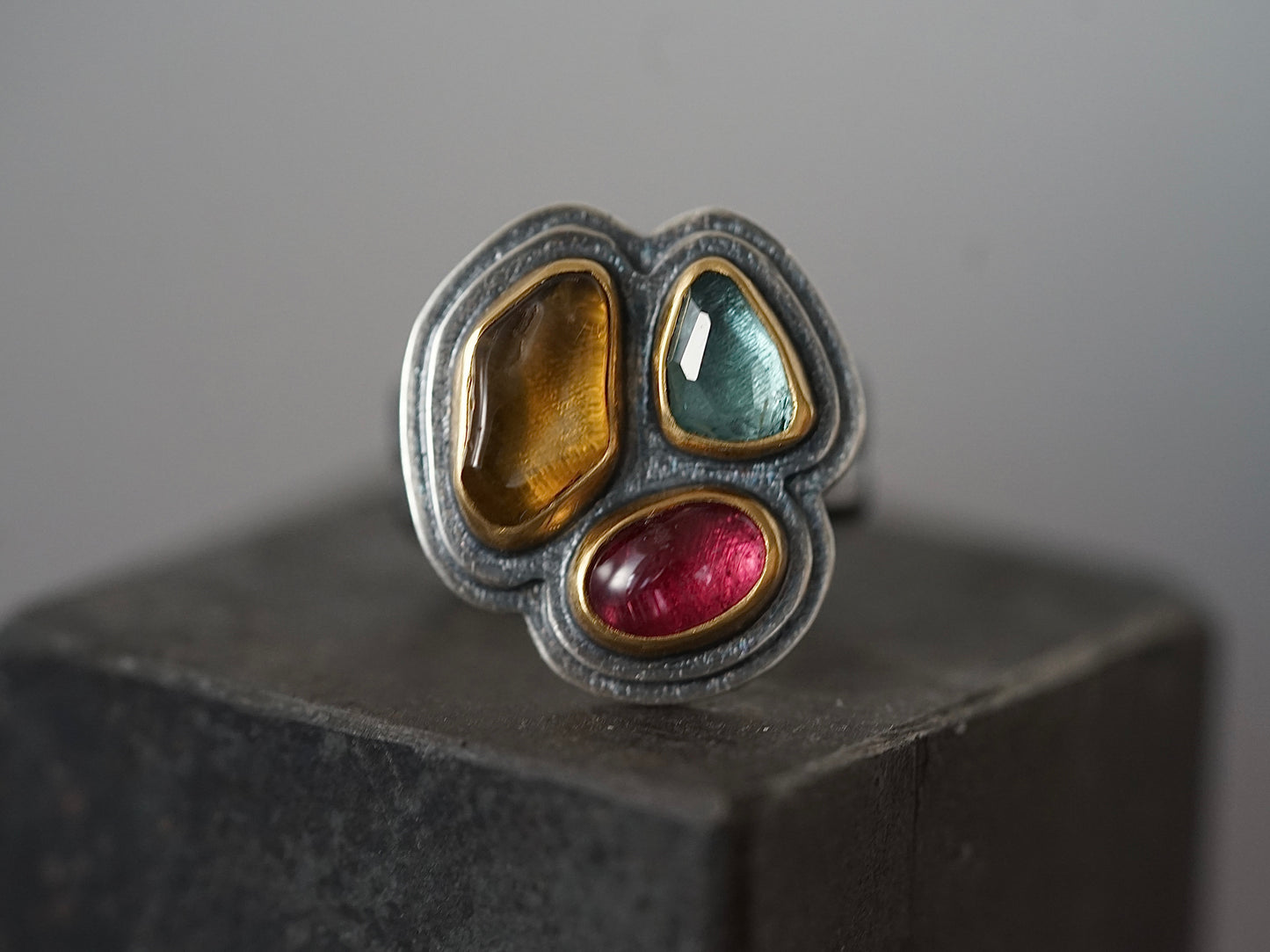 Exquisite, colorful tourmaline statement ring, size 7.25