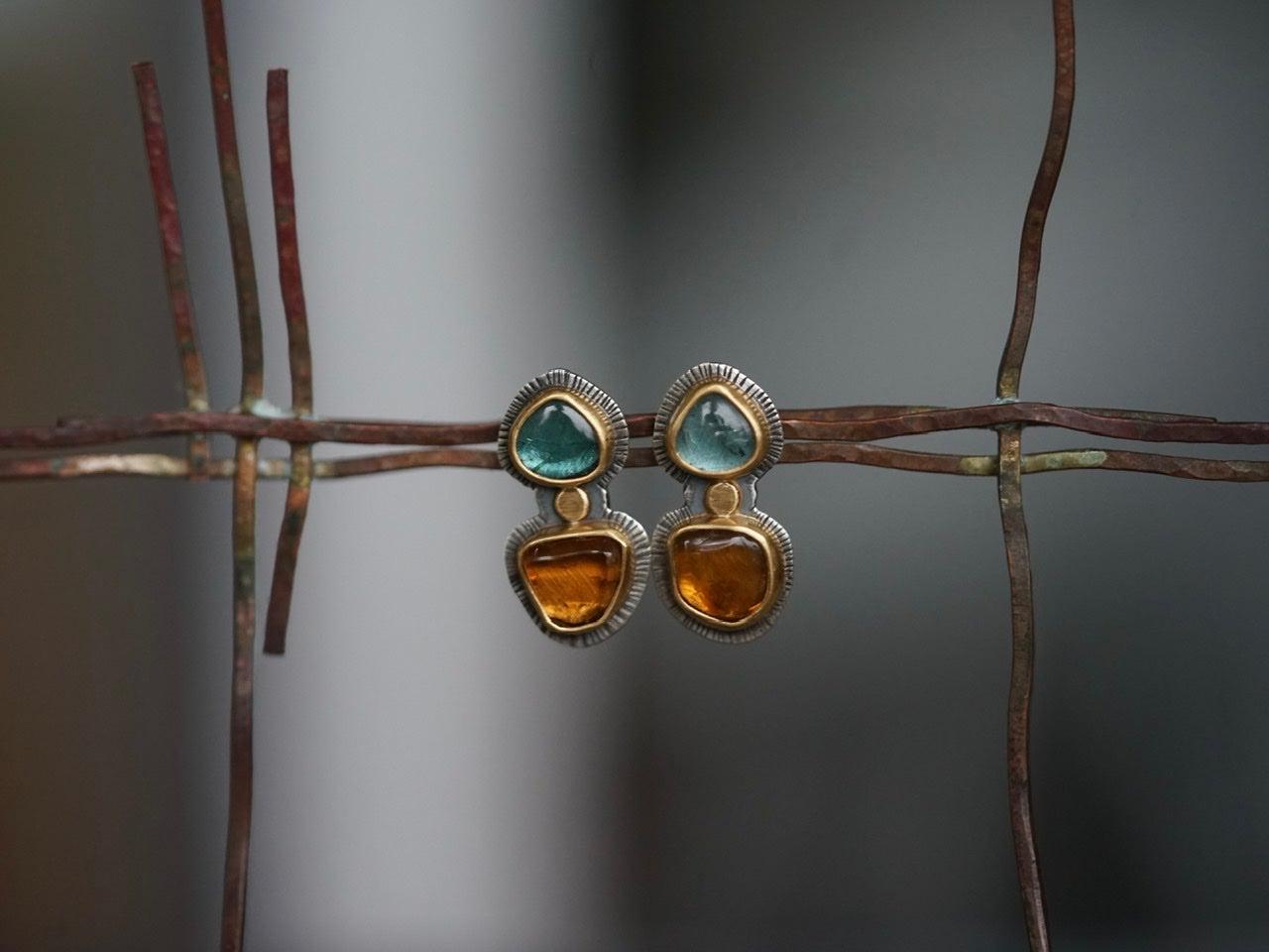 Teal and ochre tourmaline in 22k gold post earrings