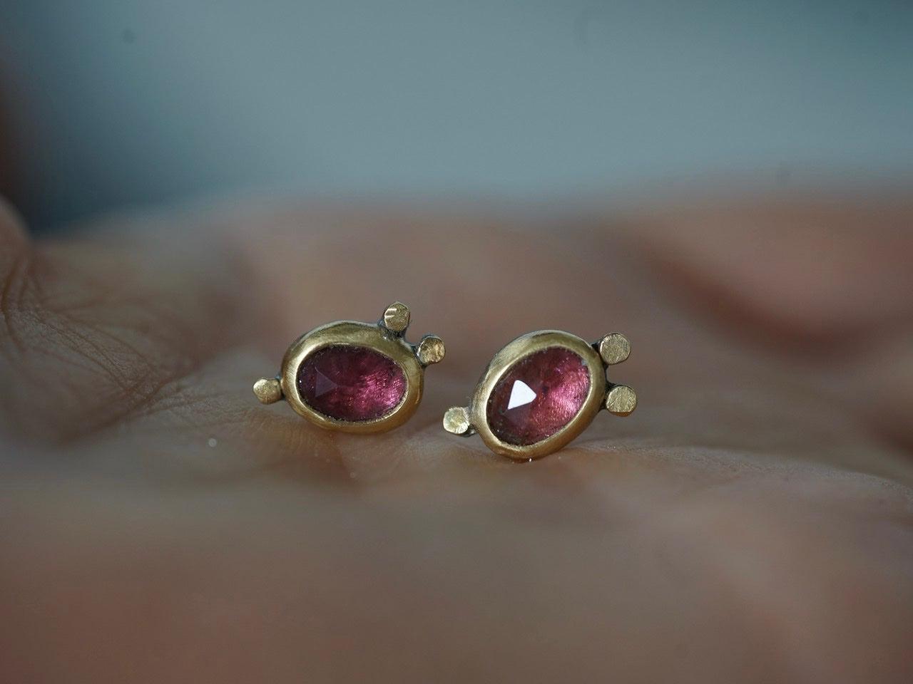 Rose cut pink tourmaline and 22k gold post earrings