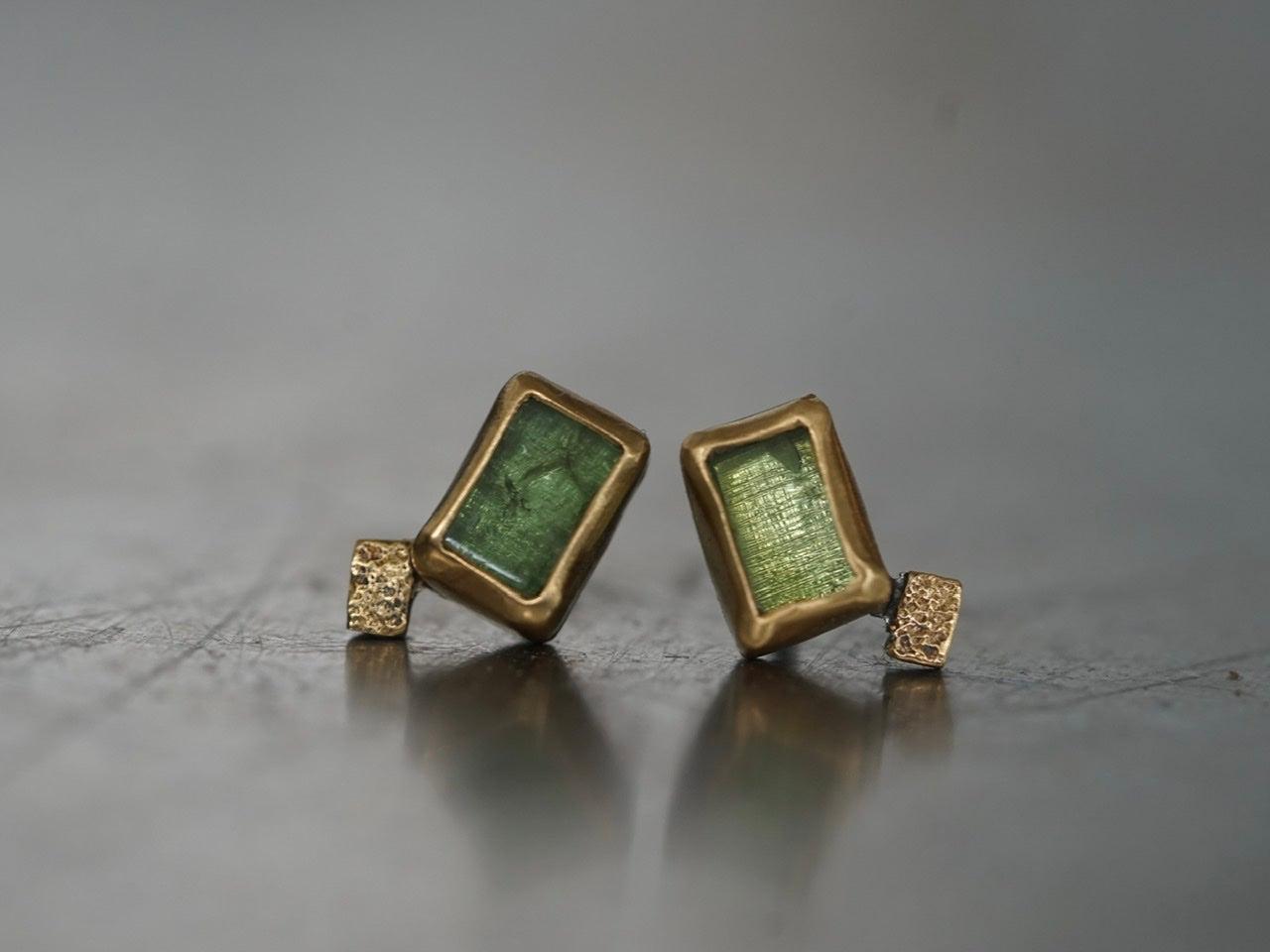 Small green tourmaline and 22k gold post earrings