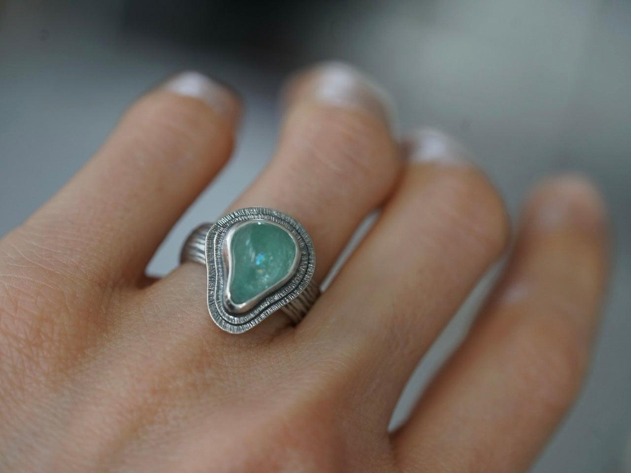 Carved aqua blue tourmaline ring, size 6.75