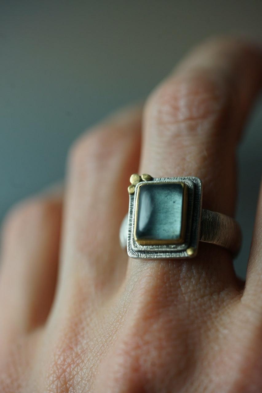 Rectangular aquamarine and 22k gold statement ring, size 7.5