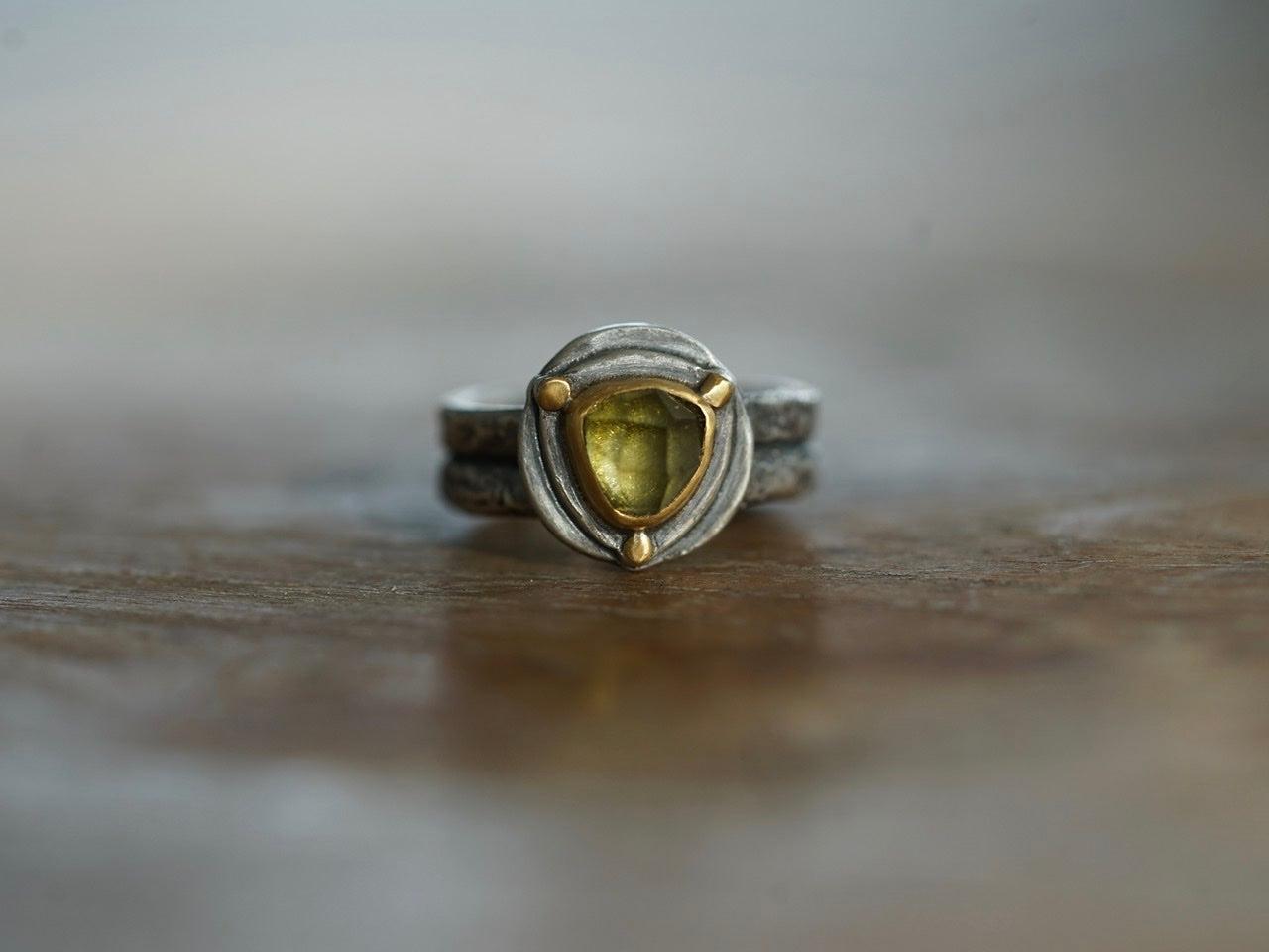 Triangular green tourmaline and 22k gold ring, size 6.25