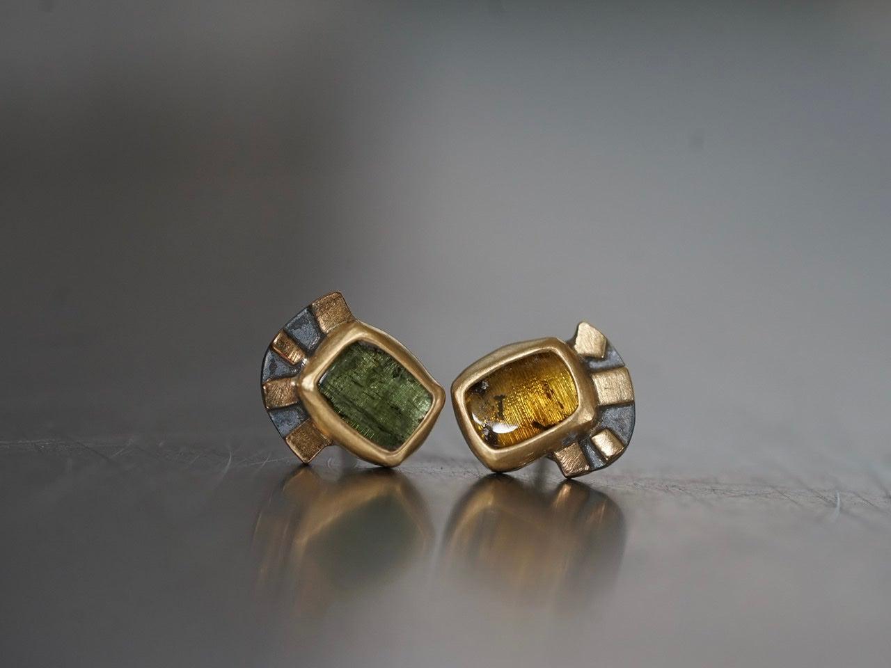 Green and yellow tourmaline with22k gold post earrings