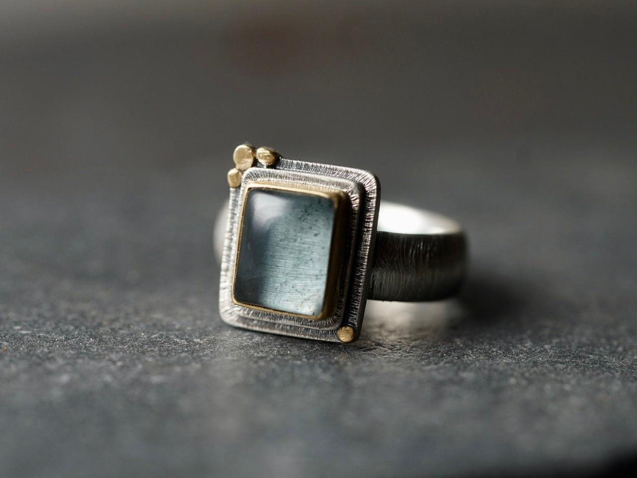 Rectangular aquamarine and 22k gold statement ring, size 7.5