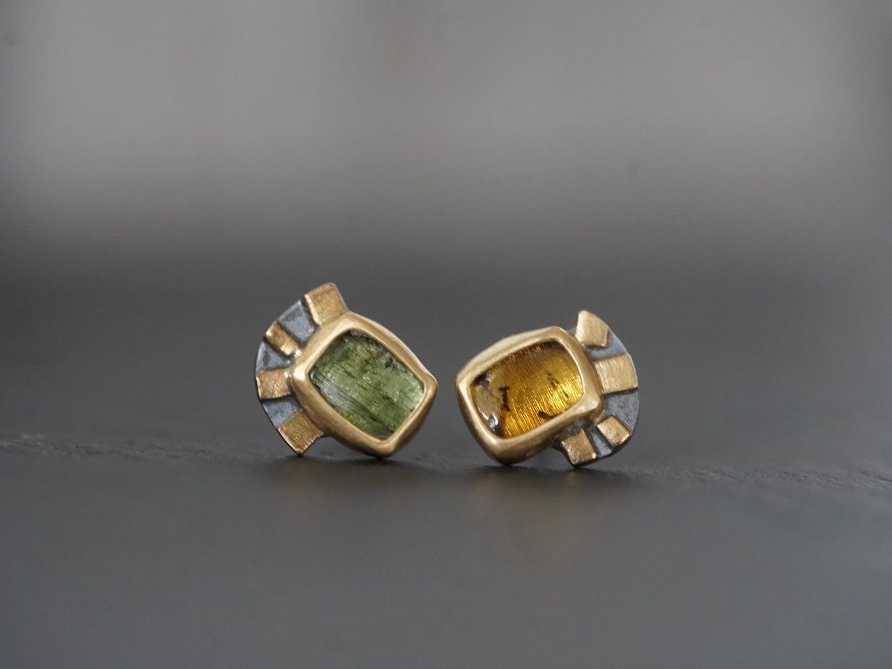 Green and yellow tourmaline with22k gold post earrings